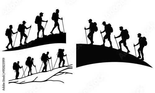 A group of hikers walking up a hill in different silhouettes