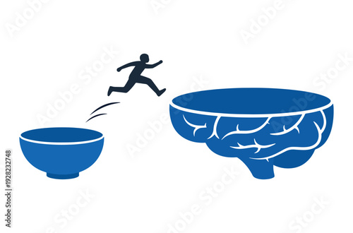 A person jumping from a small bowl to a large brain-shaped bowl