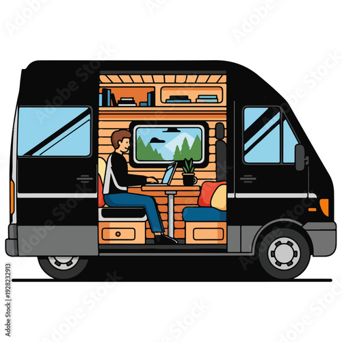 Van Life Illustration Interior with Person Working Vector