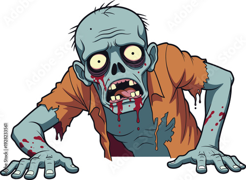 Scary zombie cartoon character illustration, creepy undead monster crawling forward, horror vector isolated on white background spooky halloween