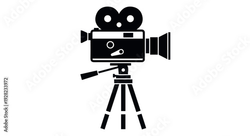 Vintage movie camera on tripod illustration representing classic cinema, filmmaking history, and visual storytelling