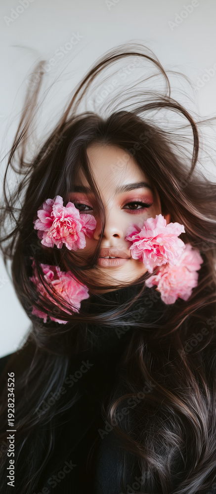 Naklejka premium Beautiful woman with flowers in her hair, perfect for cosmetics beauty skin care advertising product placement banners