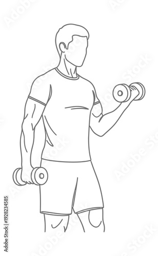Athletic man performing a biceps curl exercise holding a pair of small dumbbells during a focused strength training workout session for muscle development.