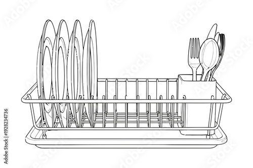 Simple black and white line art illustration depicting a kitchen dish drying rack holding several plates and cutlery utensils neatly organized for drying after washing.