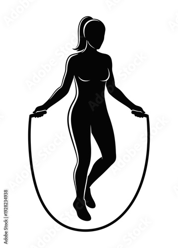 Silhouette graphic depicting a determined athletic woman actively engaged in a vigorous cardiovascular workout performing the popular exercise of jumping rope for fitness.