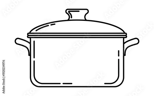 Simple black line art icon illustrating a traditional cooking stockpot with a fitted lid and side handles suitable for various culinary applications and food preparation graphics.