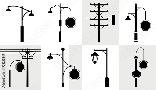 Large vector collection of black silhouettes featuring telecommunication towers, radio antennas, urban 