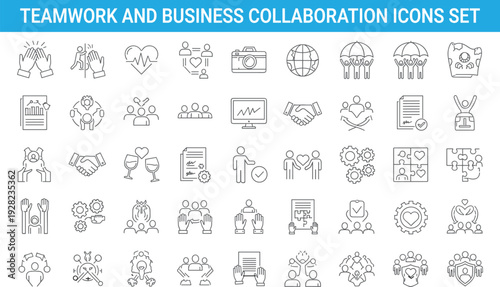 Teamwork and business collaboration icons set, leadership support strategy success community management, professional growth, line vector illustration collection