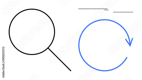 Magnifying glass and circular arrow symbolize search and refresh. Ideal for research, iteration, data processing, exploration, renewal, problem-solving, simple flat metaphor