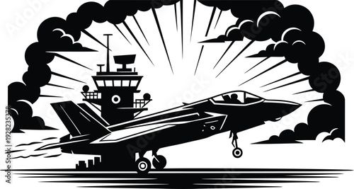 Military fighter jet plane taking off from aircraft carrier deck with sun rays and smoke clouds black and white vector illustration for aviation.