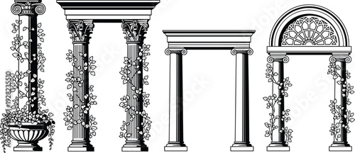 Classic architectural columns and arches vector illustration set, decorative antique pillars with floral vines, black and white vintage design elements collection