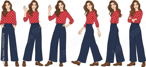 Fashion woman character pose set wearing red polka dot blouse and wide leg pants isolated flat vector illustration collection