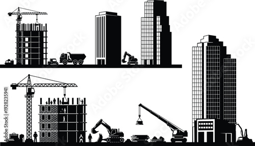 Construction site and high rise buildings silhouette vector illustration set, urban development with cranes and machinery, black and white engineering concept