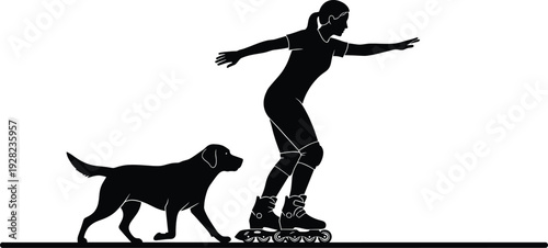 Woman roller skating with dog silhouette illustration showing outdoor fitness activity and pet companionship isolated on white