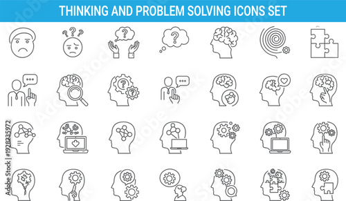 Thinking and problem solving icons set, brain process, psychology, creativity, decision making, mental health, human mind vector collection