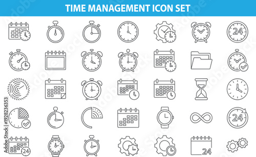 Time management icon set, calendar clock stopwatch alarm symbols, scheduling deadline productivity planning illustration collection for business organization tasksV