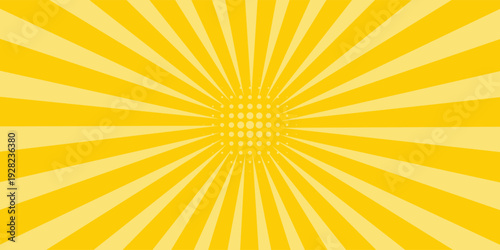 Yellow abstract background with light of sunburst. yellow starburst with halftone. sun ray retro background with flash