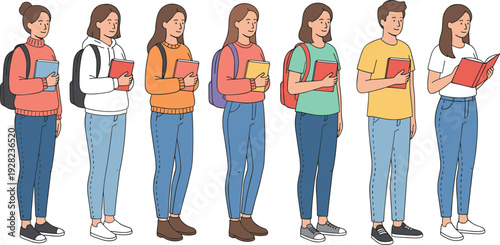 Diverse Students Holding Books and Backpacks in Casual Outfits, Full Body University and School Character Illustration Set Isolated on Light Background