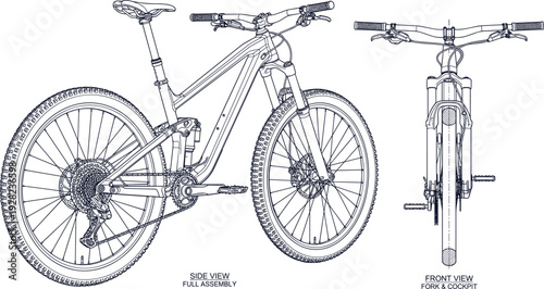 Mountain bike technical drawing with detailed side and front views showing full suspension frame components isolated vector blueprint illustration