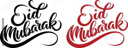 Eid Mubarak icon set hand lettering typography collection in red and black color featuring modern calligraphy styles with crescent moon and Islamic decorative elements.