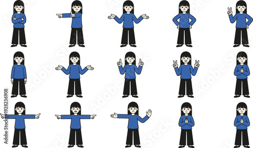 Cartoon girl character pose set with different hand gestures and expressions isolated flat vector illustration collection