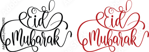 Eid Mubarak icon set hand lettering typography collection in red and black color featuring modern calligraphy styles with crescent moon and Islamic decorative elements.