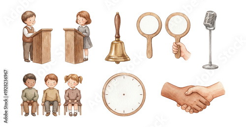 Watercolor debate club elements set.