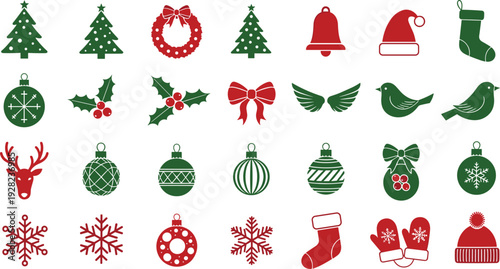 Christmas holiday icon collection with red and green festive symbols including tree ornaments wreath snowflake reindeer and winter accessories isolated set