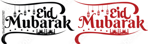 Eid Mubarak icon set hand lettering typography collection in red and black color featuring modern calligraphy styles with crescent moon and Islamic decorative elements.