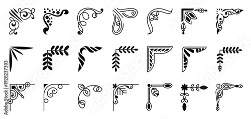 Hand Drawn Ornamental Corners with Filigree Scrolls and Art Nouveau Flourishes, Vintage Borders and Retro Invitation Trim, Baroque Scrapbook Labels, Black Silhouette Lace Edging Vector Set