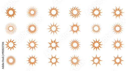 Extensive set of various stylized sun icons and solar symbols with different ray designs for weather and summer themes.