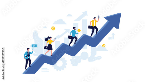 Ambitious business professionals walk up a large blue zigzagging growth arrow representing corporate success and progress.