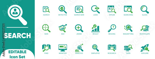 Search Editable Icon Set. detective, find, investigate, missing, monitor, research, search, and and digital projects