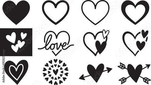 Heart icons set with love symbols and arrows, romantic black silhouette vector illustration collection