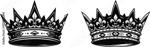 Two ornate crowns side by side with pointed spikes and decorative bands