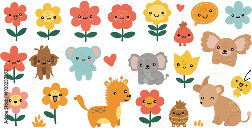 A cute cartoon animal set featuring a vector collection of funny zoo and safari characters including a cat, dog, lion, bear, elephant, and giraffe in a baby illustration style