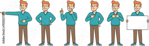 Cartoon man character pose set with casual outfit different gestures and blank sign board isolated flat vector illustration collection