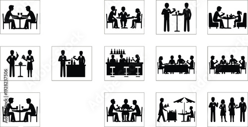 Black silhouettes of people dining in restaurants and bars featuring waiters serving food couples on dates and groups socializing for hospitality and catering industry
