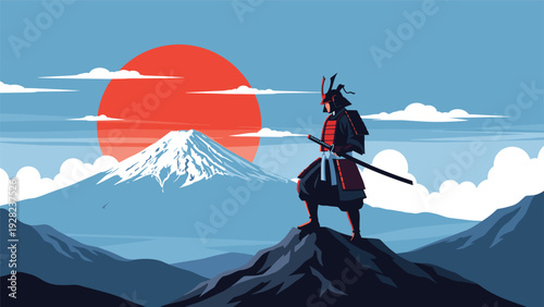 Noble samurai warrior in traditional armor stands on a rocky mountain peak looking towards Mount Fuji under a rising sun.