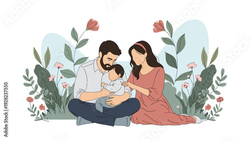 Happy family including father mother and small child sit together peacefully in a beautiful meadow filled with flowers.