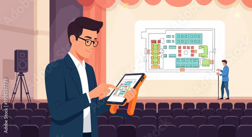 Businessman presenting digital tablet with floor plan.