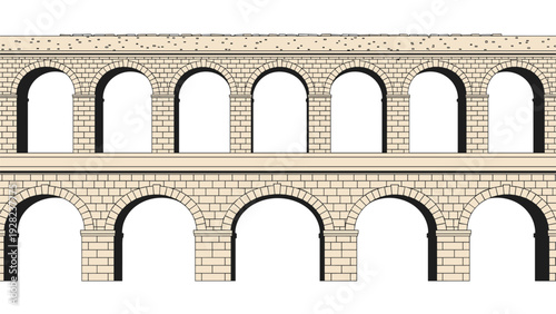 Historical stone aqueduct features multiple levels of arched bridges showcasing ancient engineering and classic architecture design.