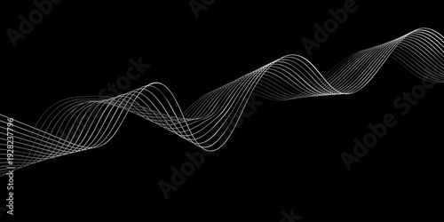 Abstract black and white background with flowing blue wave lines and a digital motion pattern design for a technology wallpaper backdrop
