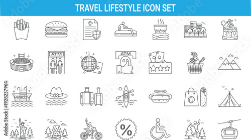 Travel lifestyle icon set, food leisure banking healthcare outdoor activities, tourism adventure symbols, shopping recreation, modern vector collection