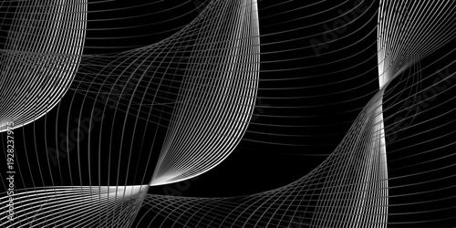 An abstract black vector background featuring a digital wave pattern of blue light lines and fractal curves creates a sleek technological wallpaper design for a modern banner or art backdrop