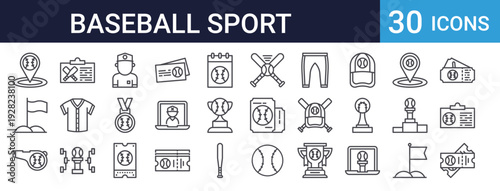 Baseball Sport Icons Set of 30 Thin Line Vector