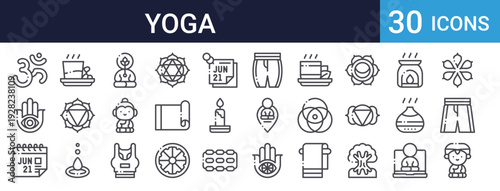 International Day of Yoga Icons Set of 30 Thin Line Vector