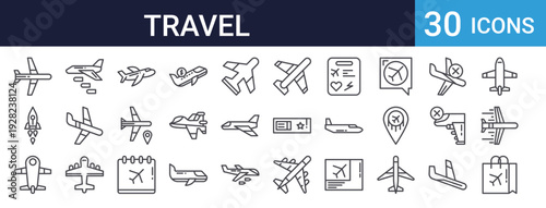 Travel Transportation Icons Set of 30 Thin Line Vector
