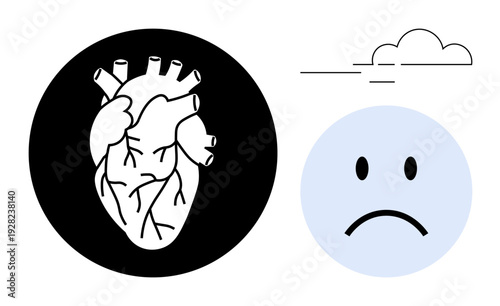 Emotion and health. A human heart alongside a sad face and minimalistic clouds explore the connection between emotional well-being and physical health. Perfect for medical, mental health