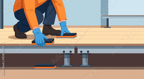 Worker Installing Flooring with Gloves.